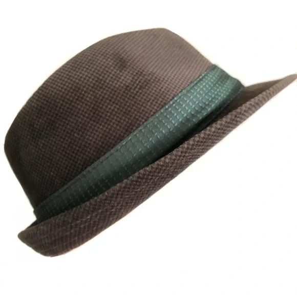 brown houndstooth trilby with emerald green ribbon - Picture 2 of 5